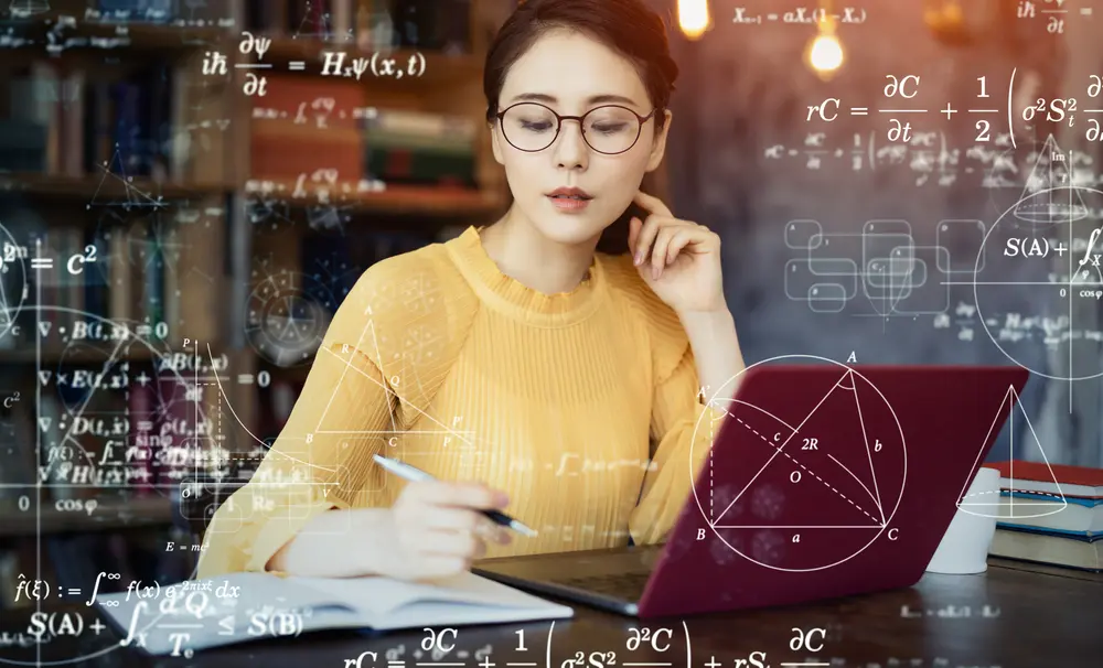 Young asian woman studying in the room. Education concept. Science technology. Mathematics.